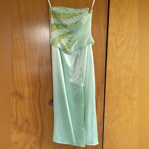 Mint Green Sequin Evening Gown with Gold Accents